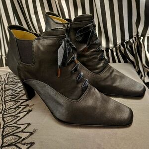 Black satin gothic witchy heeled ankle boots